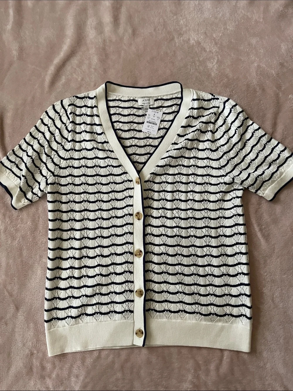 J. Crew Cream and Black Short-Sleeve Knit Cardigan Sweater